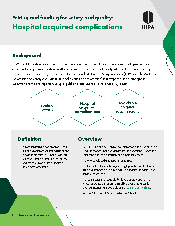 Pricing and Funding for Safety and Quality Hospital Acquired